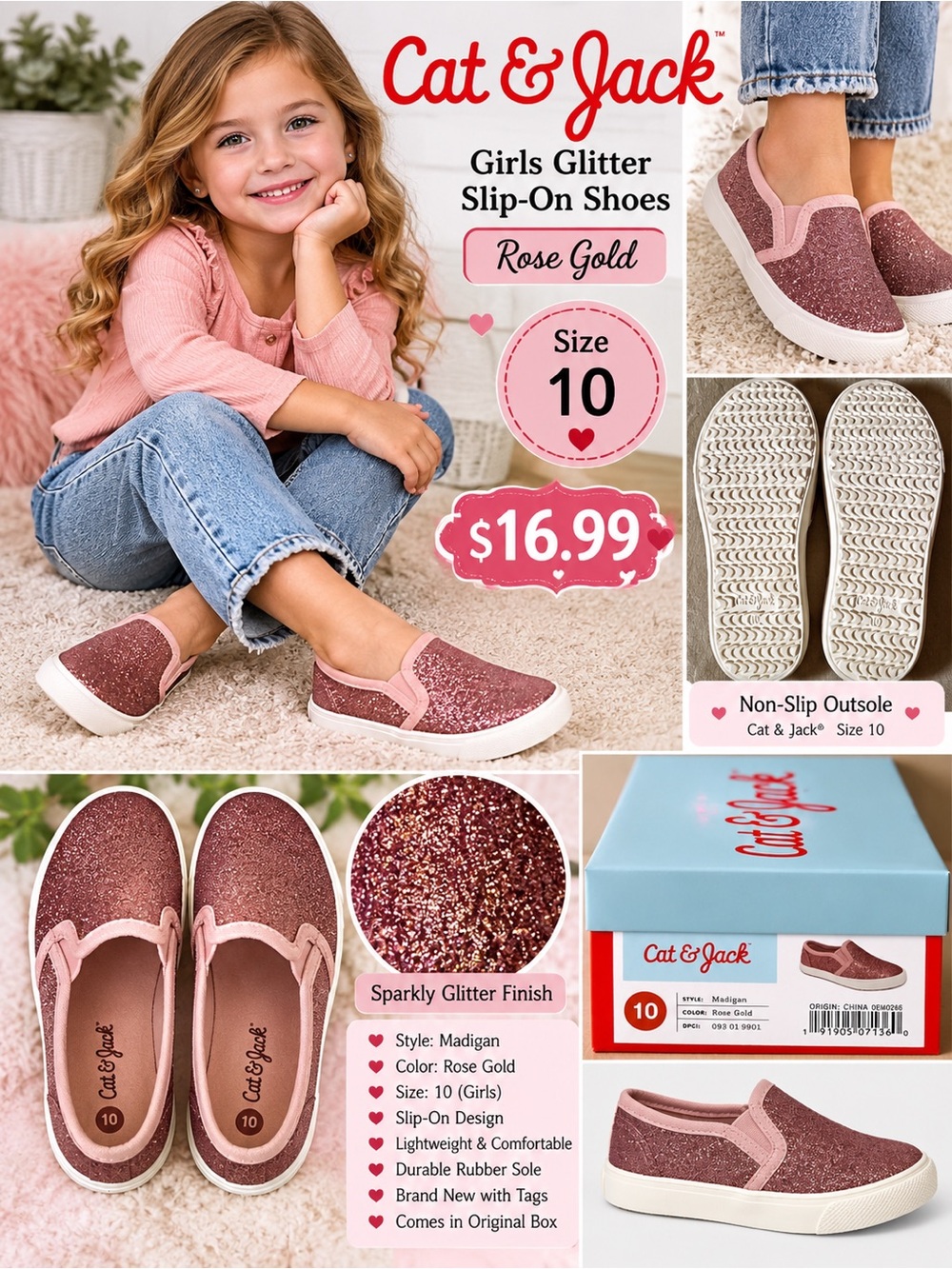 Cat & Jack Rose Gold Glitter Slip-On Sneakers